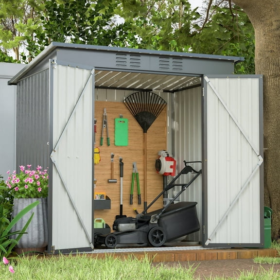 LZBEITEM 6' x 4' Outdoor Metal Storage Garden Shed with Galvanized Steel Floor Frame Double Lockable Doors