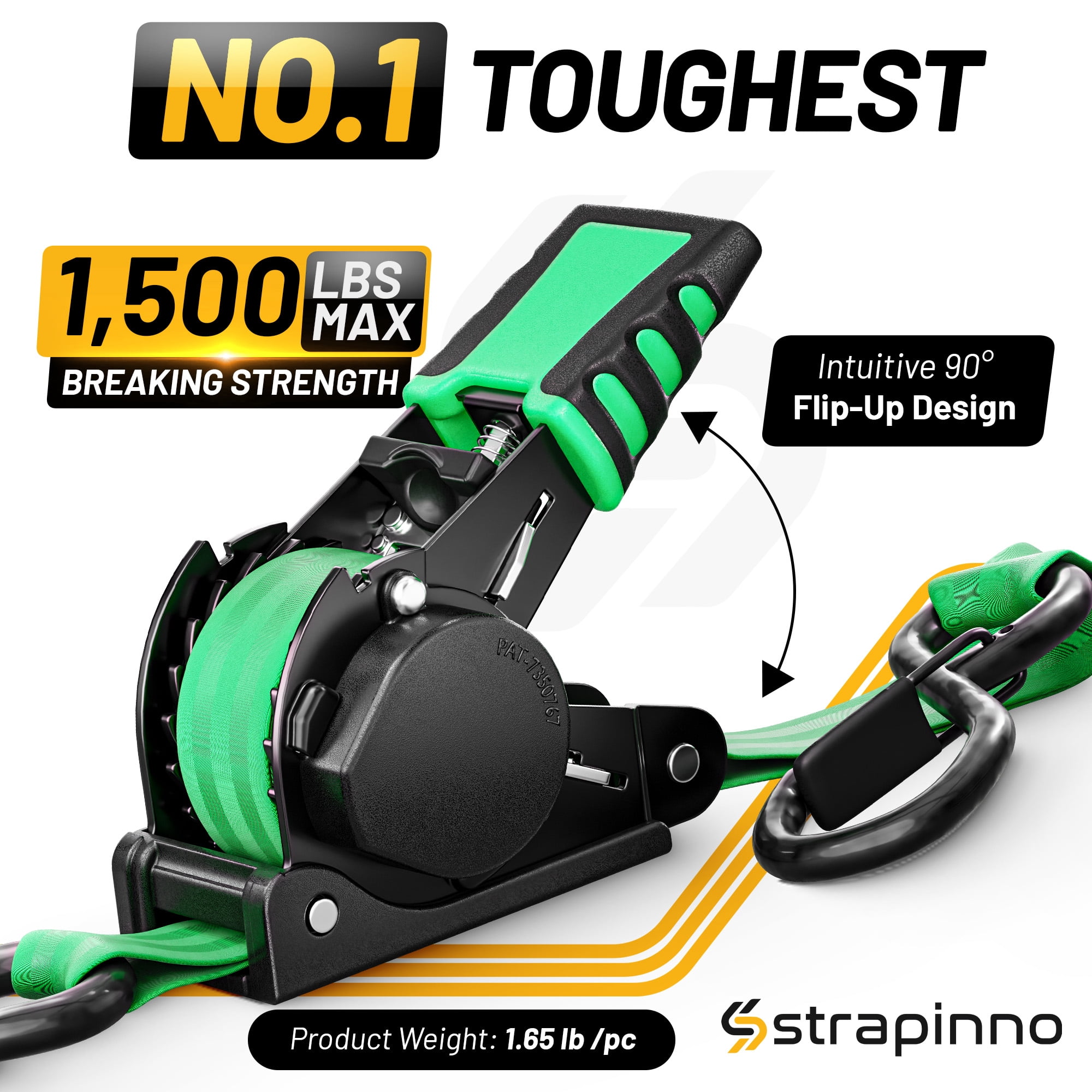 Strapinno Retractable Ratchet Straps 1 in x10ft, with Rubber-Coated Handles, S-Hooks, Secure Cargo Tie-Downs for Motorcycles, Bikes & Daily Use, Breaking Strength -1,500LBS/680KG (4 PK, Green)