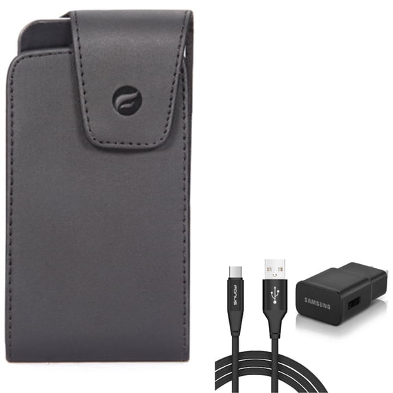 Swivel Leather Case Belt Clip w 6ft USB Cable Type-C Fast Home Charger for OnePlus 6T, 6 - Razer Phone 2 - Samsung Galaxy S9 S8 S22 Plus active S21 FE 5G A50 A30s A20 - Xiaomi Mi 9T
