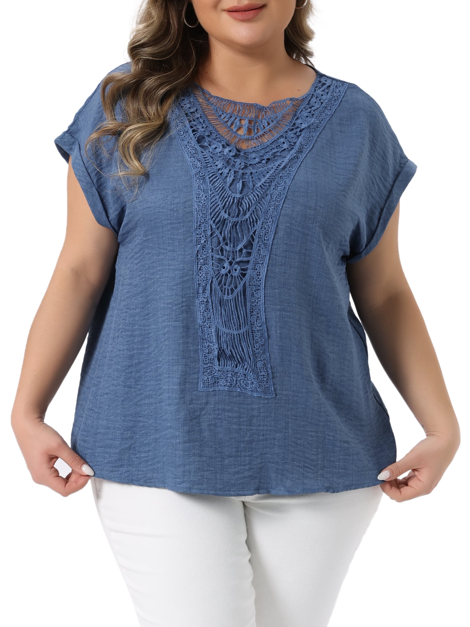 DARING DIVA Women's Plus Lace Shirts Boho V Neck Crochet Blouse 4X Blue
