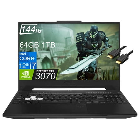 ASUS TUF Dash F15 Gaming Laptop (15.6 inches 144Hz, Intel 12th Gen i7-12650H, 64GB DDR5 RAM, 1TB PCle SSD, Geforce RTX 3070 8GB), Thunderbolt 4, Backlit KB, WiFi 6, IST Cable, Win 11 Home - Black