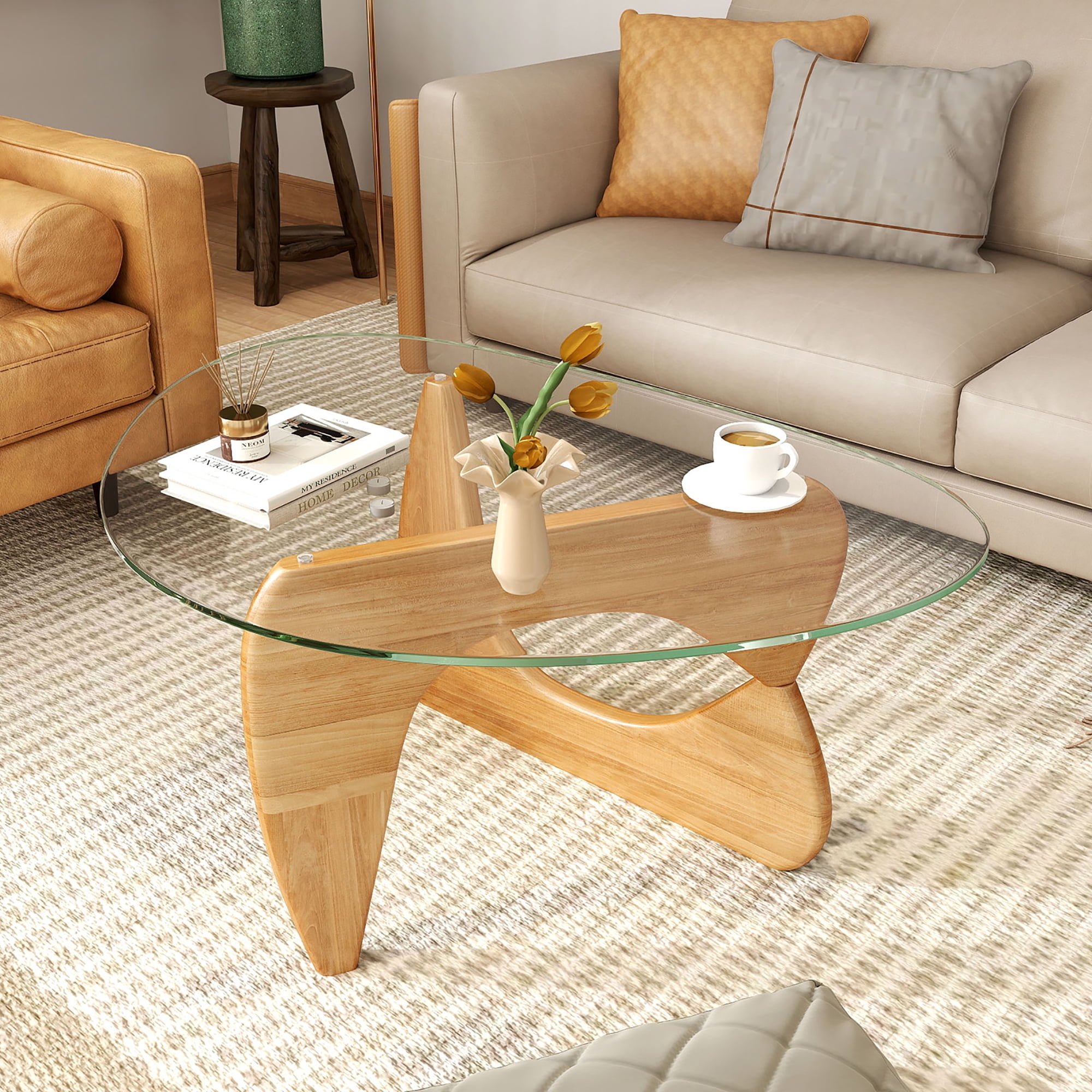 Gymax Triangle Coffee Table w/ Tempered Glass Top & Adjustable Rubber Wood Base