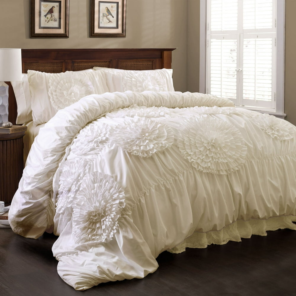 "Lush Decor Serena Textured Ruffle Detail Comforter, King, Ivory, 3Pc