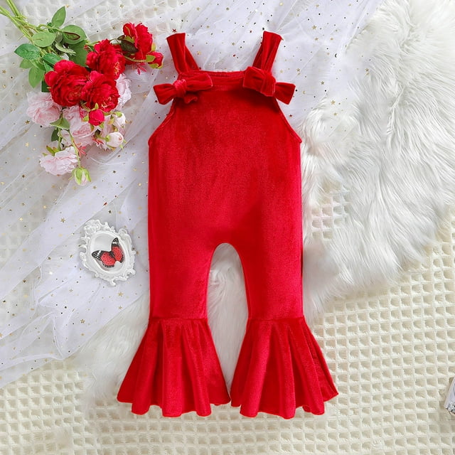 LSLJS Toddler Baby Girl Bell Bottom Romper Casual Bow Sling Solid Color High Waisted Conjoined Body Jumpsuit