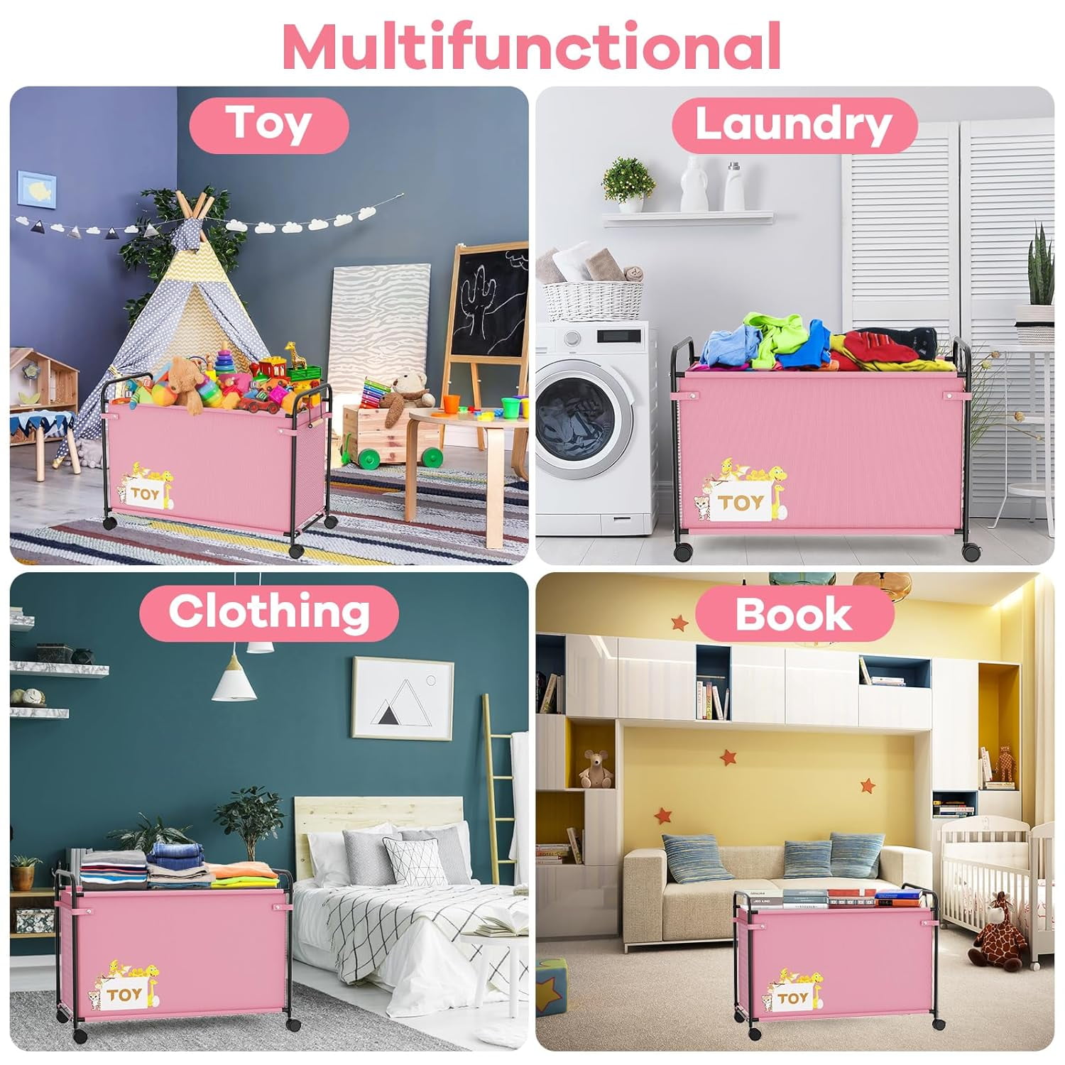 Toy Box Storage, 180L Extra Large Toy Chest with 360° Wheels, Oxford Cloth Metal Toy Box for Boys, Girls, Stuffed Animals, Clothes, Bedroom, Living Room (Pink)