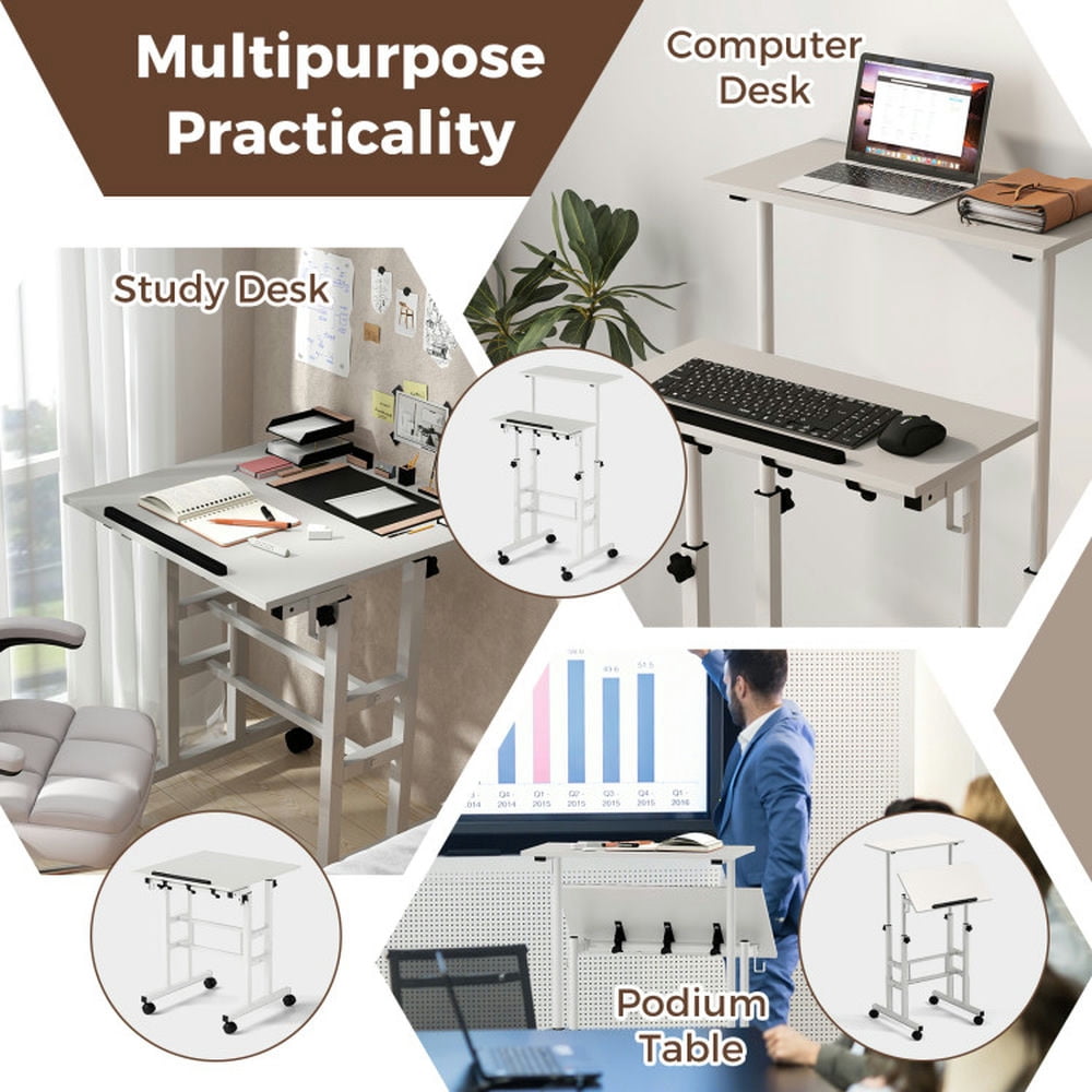 YYAo Laptop Tables,Printer Stands,Mobile Standing Desk Height-Adjustable Laptop Cart with Split Top and Hanging Hooks-White