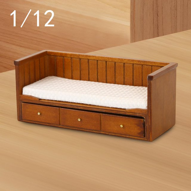 BELOVING 1/12 Maison de Poupée Lit Simple Miniature Mobilier Chambre pour Ameublement Bricolage Modèle Brun