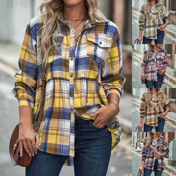 Feancey Women's Button Down Shirts Long Sleeve Plaid Shacket Lightweight Casual Gingham Shirt Dressy Trendy Going Out Blouses with Pockets Orange XL