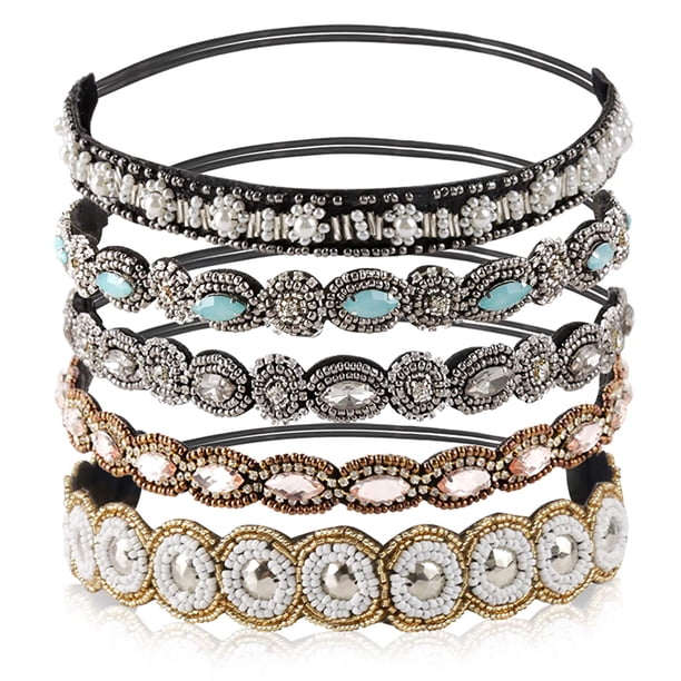 Diadema elástica con cuentas de diamantes de imitación, diademas elásticas con cuentas de cristal hechas a mano a la moda, accesorios de joyería para el cabello para mujeres y niñas, 20-26,8 pulgadas, 5 piezas MFZFUKR WRQX-246