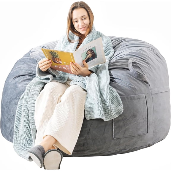Bean Bag Chair, Memory Foam Bean Bag Chairs for Adults, Soft Velvet Cover, Stylish Beanbag Sofa for Living Room, Convenient Pocket & Pull-Handle Design - 3 Foot, Grey