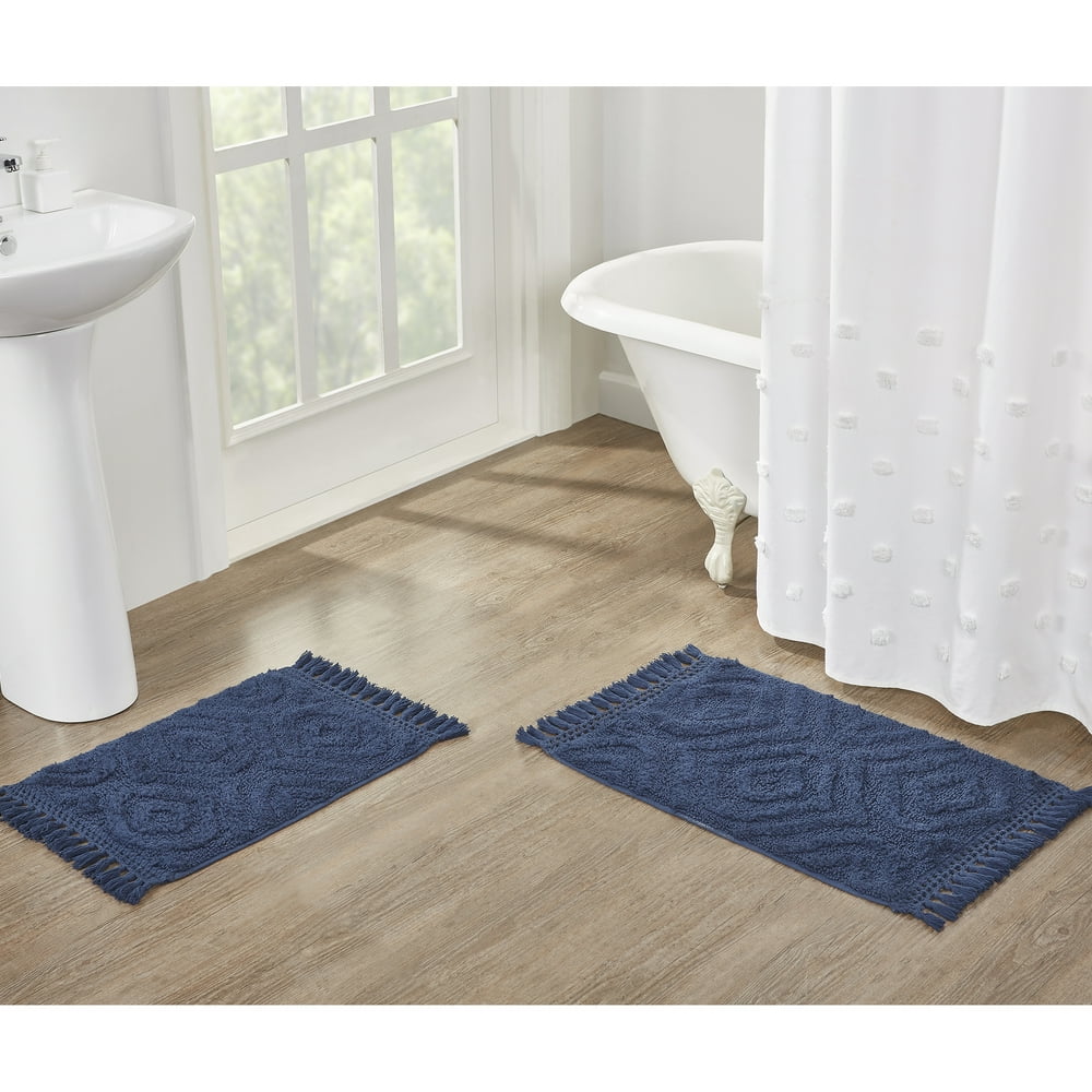 Better Homes & Gardens Geometric Fringe Bath Rug, Navy Blue, 2Pieces
