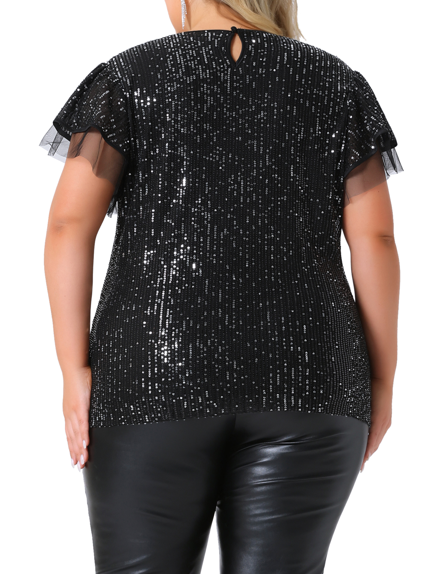 DARING DIVA Women's Plus Sequin Ruffle Short Sleeve Glitter Top 2X Black