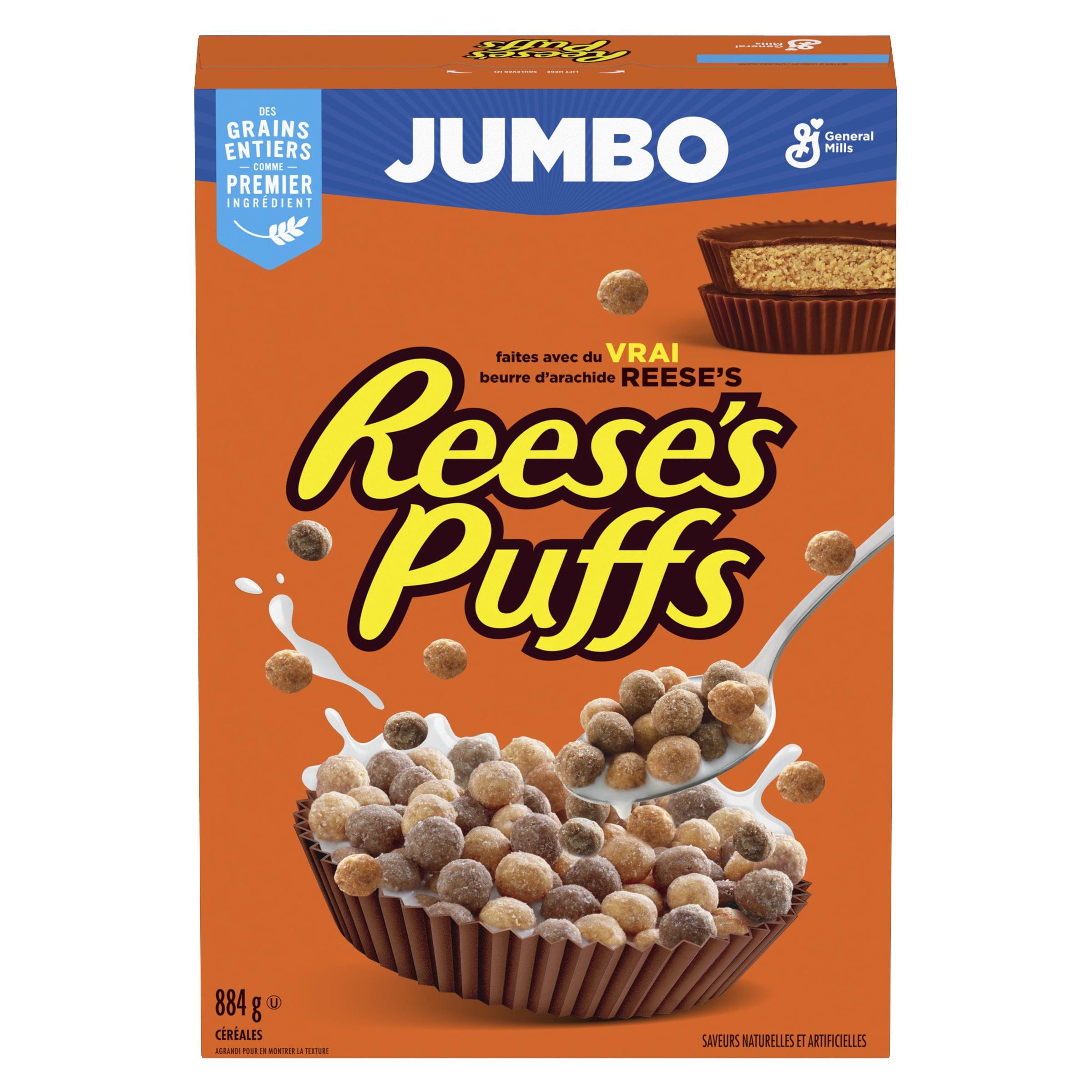 Reese's Puffs, Céréales Pour le Petit-Déjeuner Saveur Beurre d'Arachide et Chocolat, Grains Entiers, Format Géant, 884 g 884g