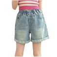 thumbnail image 2 of MKOSPLRT Distressed Jean Shorts for Girl 2-12 Years Elastic High Waist Rolled Wide Leg Shorts Solid Vintage Summer Shorts with Pocket, 2 of 6