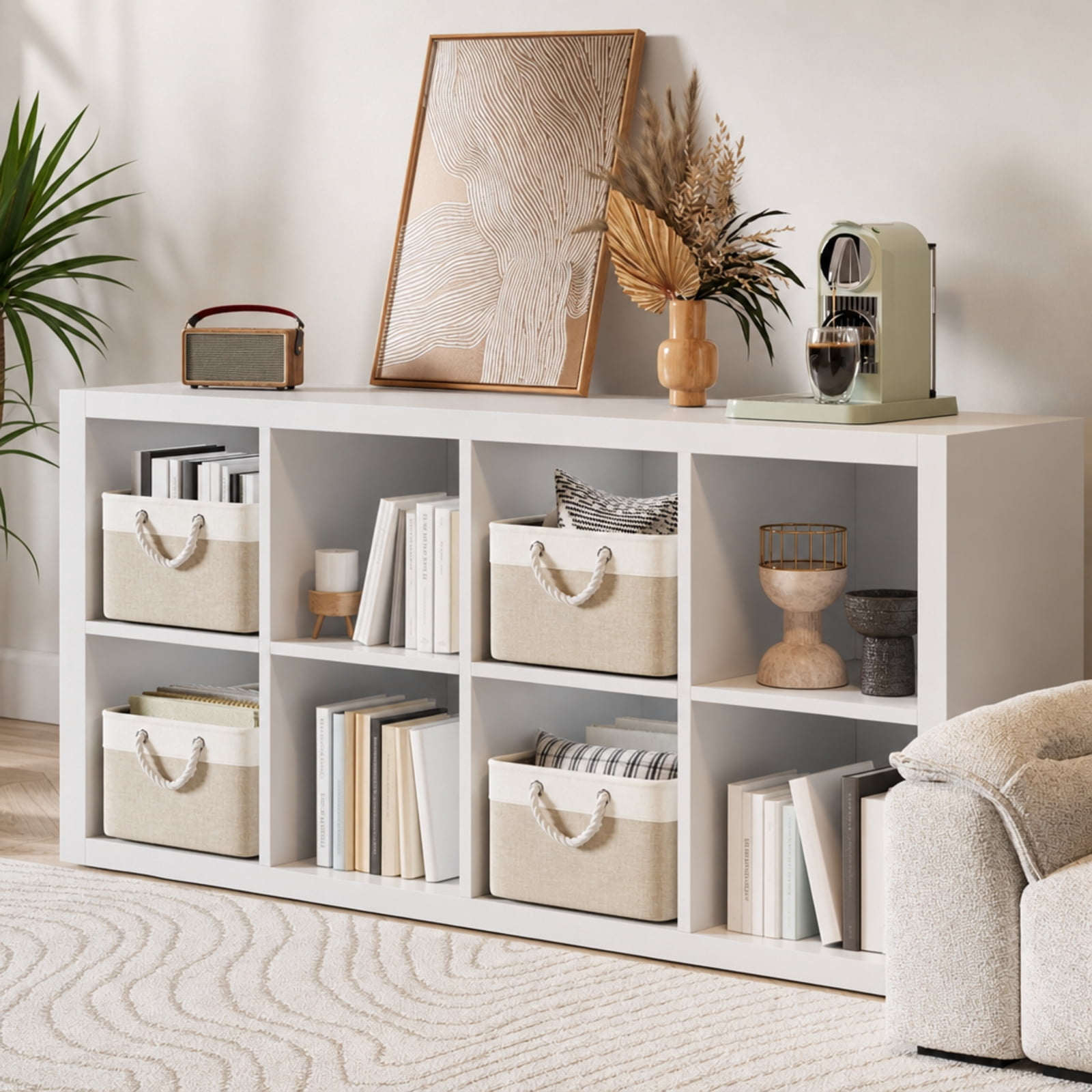 Fenbeli Fabric Storage Baskets Set of 4 Foldable Storage Bins with Cotton Rope Handles for Shelf and Closet, Gray White