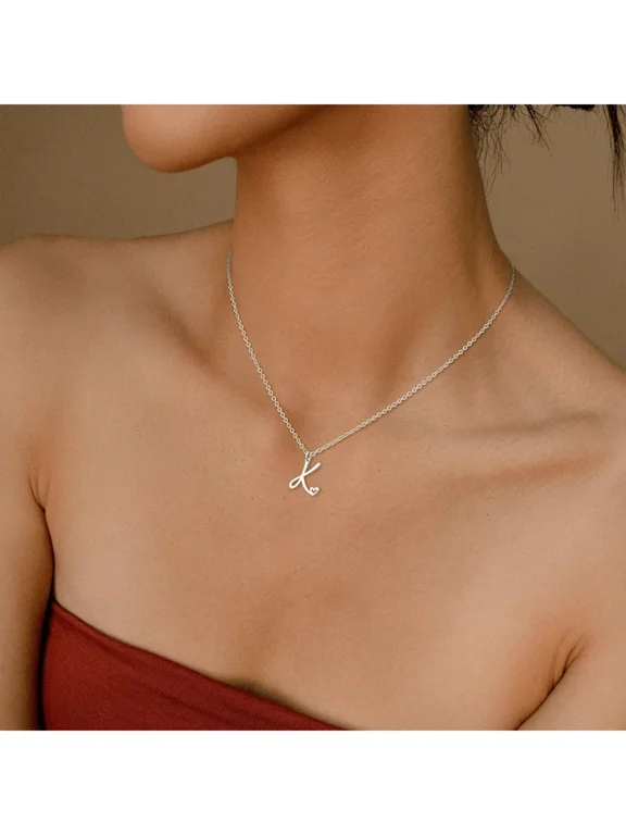 Stainless Steel Initial K Pendant Necklace For Women, Silvertone Chain