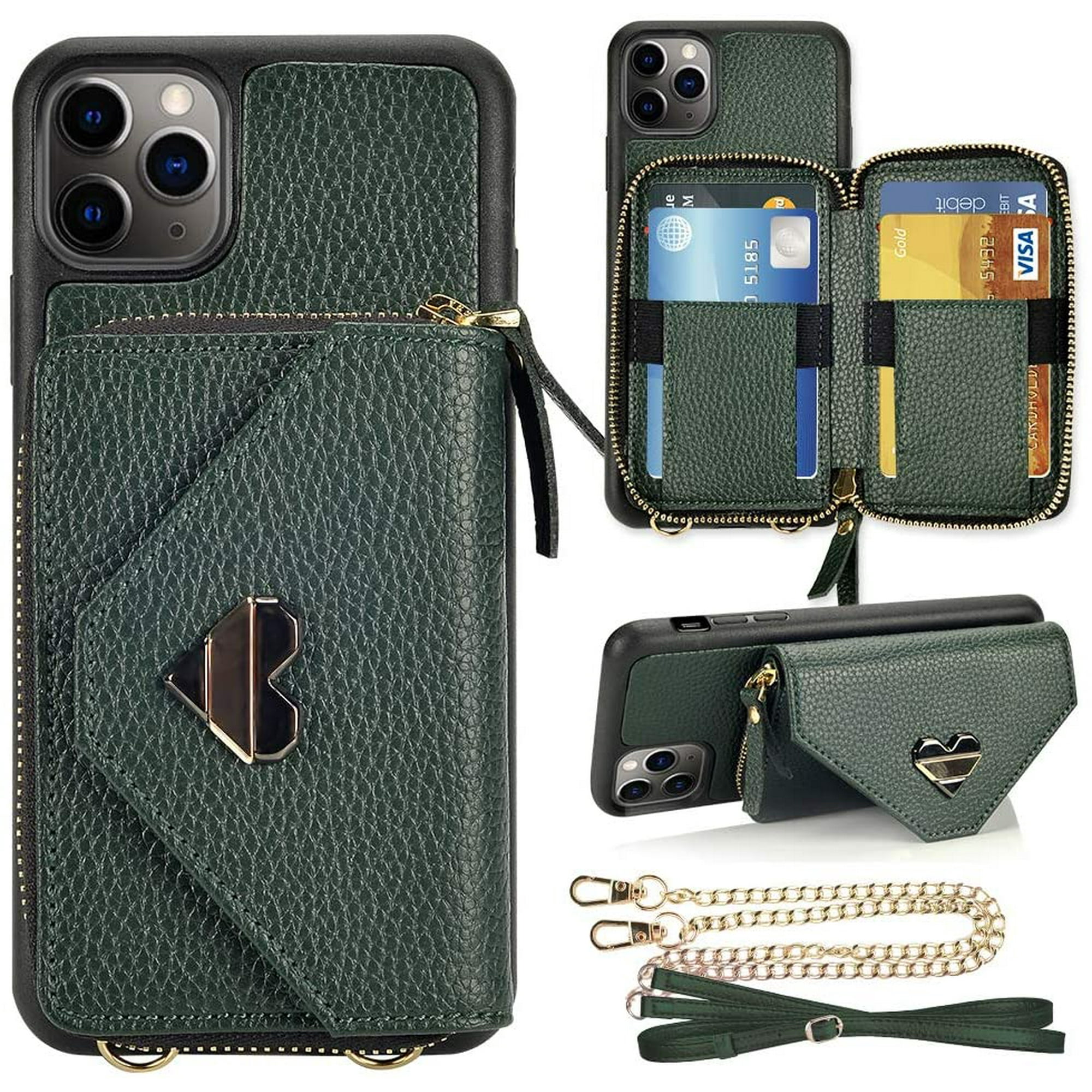 iPhone 11 Pro Wallet Case 5.8 inch IGUOHAO iPhone 11 Pro Crossbody Case with Card Holder Wrist Strap Purse Chain Zipper Cover for iPhone 11 Pro 5.8 inch Midnight Green Walmart