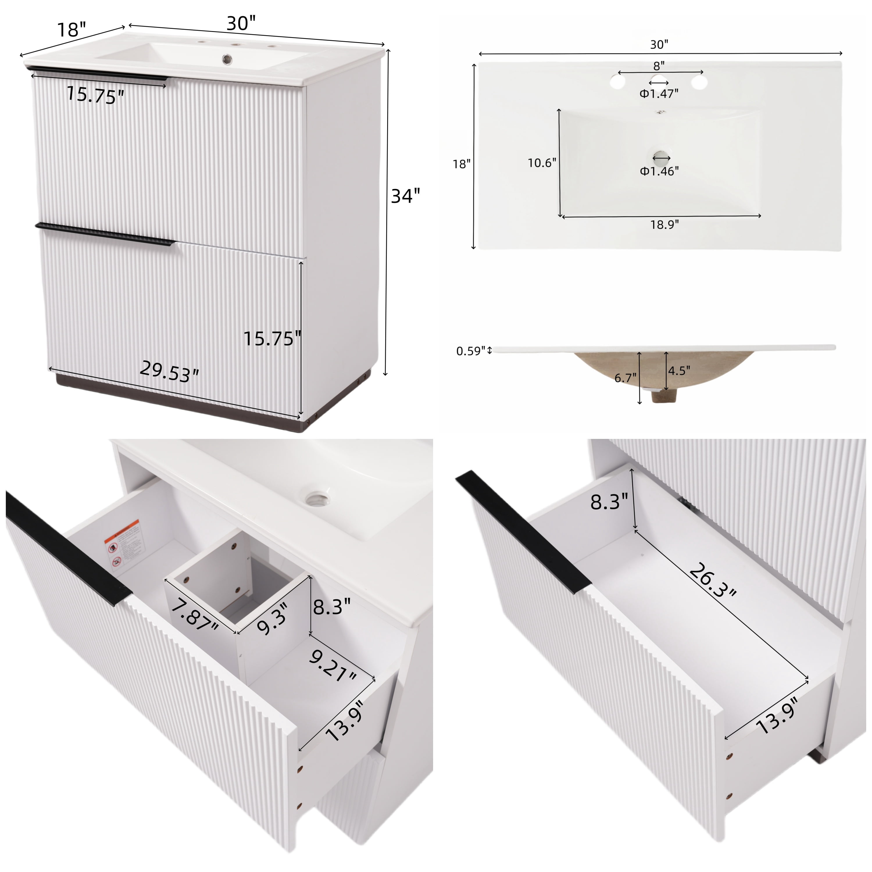 Euroco 30" Bathroom Vanity with Ceramic Sink and Full-Extension Drawers, Soft Close Undermount Drawer Slides, Fluted Design, White