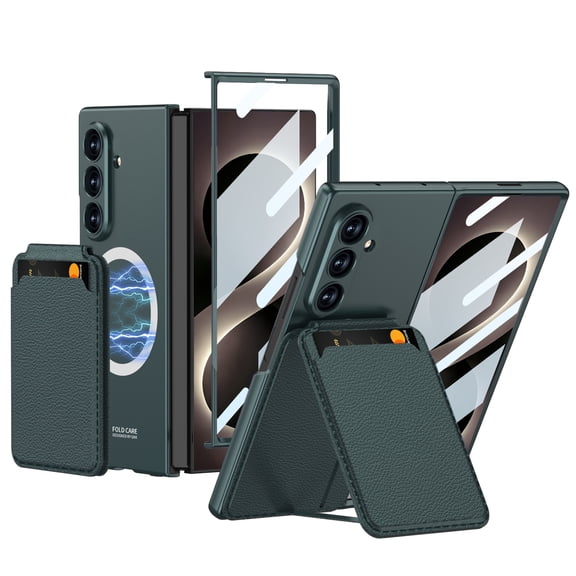 Case for Samsung Galaxy Z Fold 7, Slim Shockproof Hard PC Case with Detachable Magnetic PU Leather Card Holder Pouch, Built‑in Kickstand and Front Screen Protector, Darkgreen