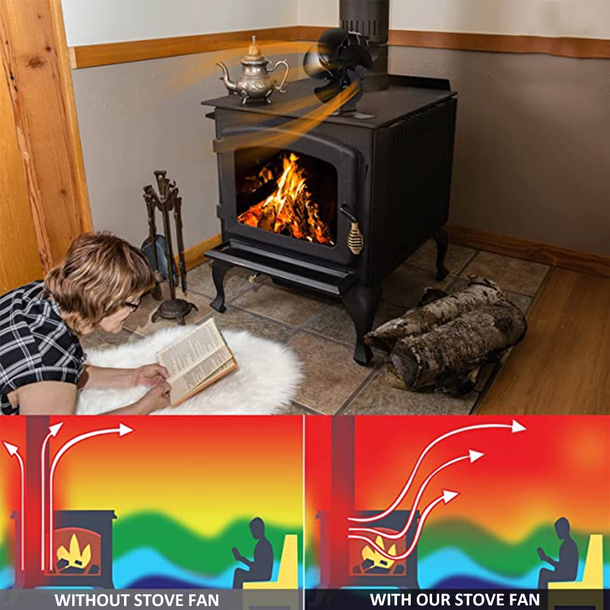 Gardenised QI004551 Black Indoor Heat Powered Aluminum 2-Blade Wood Stove Fan for Increasing Burning Fireplace
