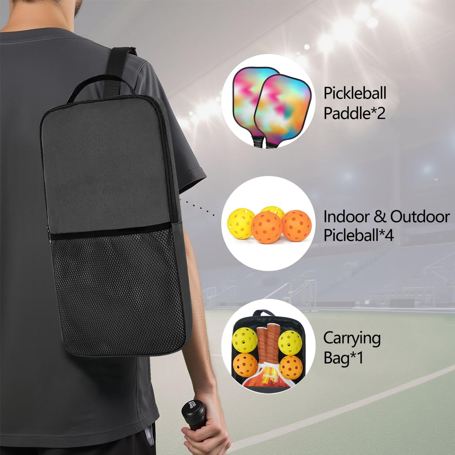 Pickleball Paddles Set Of 2, Fiberglass Surface, Neon Fluid Print, 4 Balls & Bag