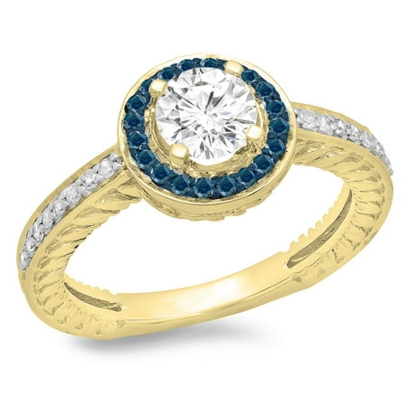 1.00 Carat (ctw) 10K Yellow Gold Round Cut Blue & White Diamond Ladies Bridal Vintage Halo Style Engagement Ring 1 CT