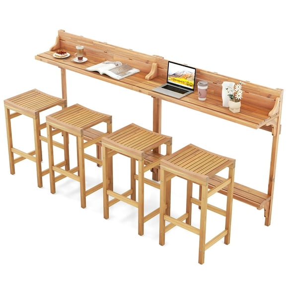 Gymax 6 PCS Acacia Wood Balcony Table Set w/ Shelf Footrest Curved Wood Seat