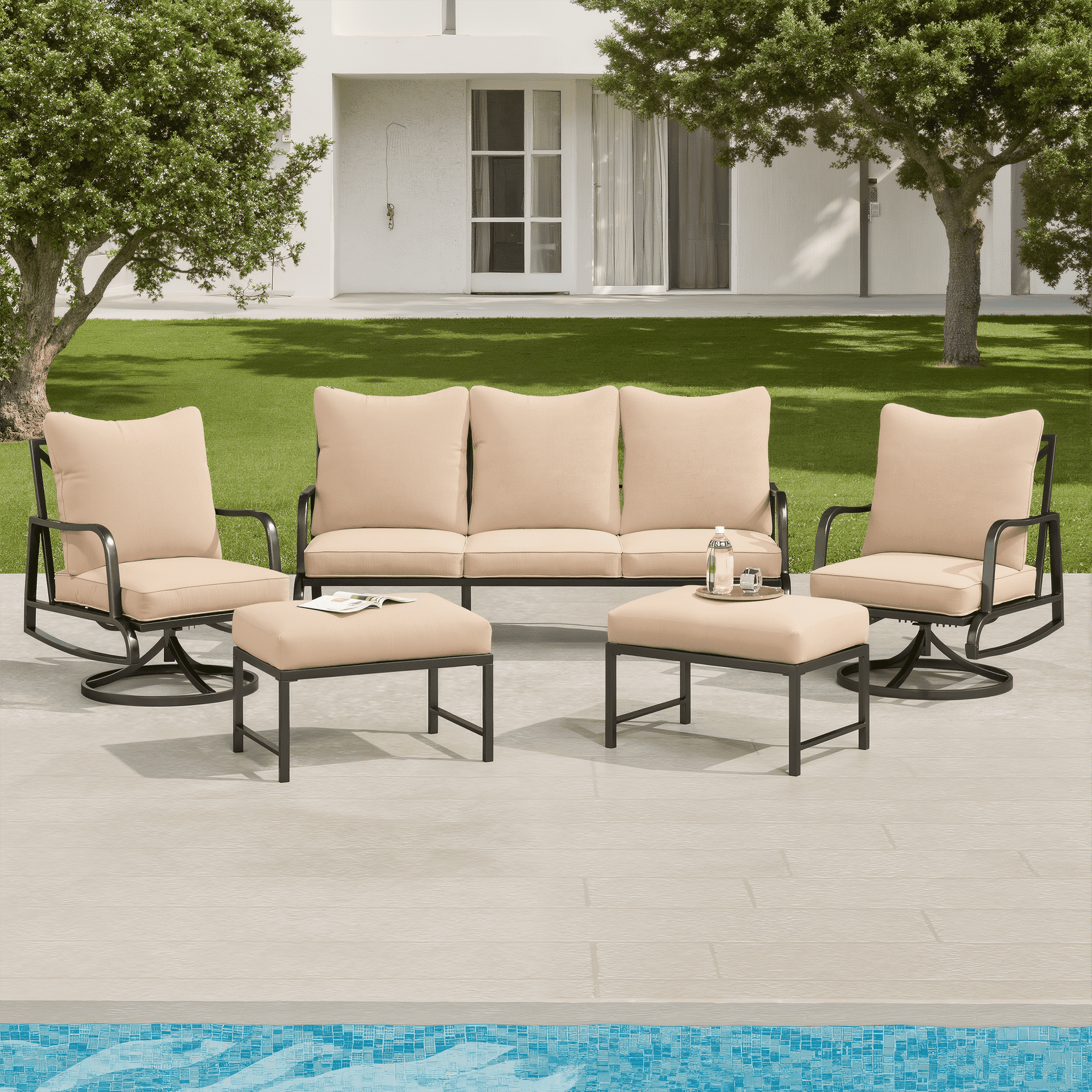 MAYEERTY 5-Piece Metal Frame Outdoor Patio Set with Swivel Chairs, Three-Seater Sofa, and Ottomans