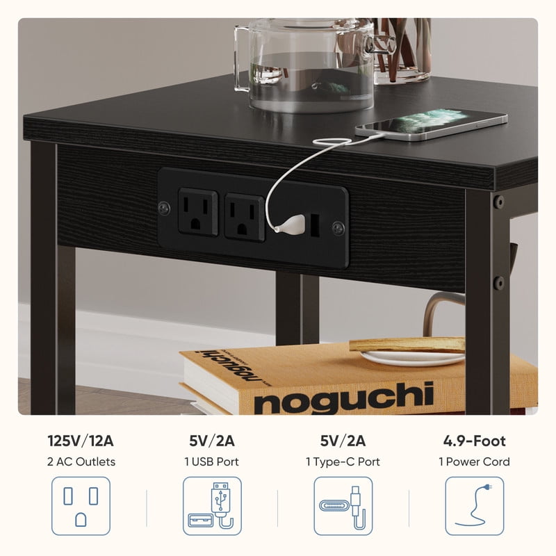 Gianna 15.7" Small Side Table Set of 2 with Charging Station, End Table with Outlets & USB Ports, 3-Tier Adjustable Storage Nightstand for Living Room, Bedroom, Small Spaces, Black