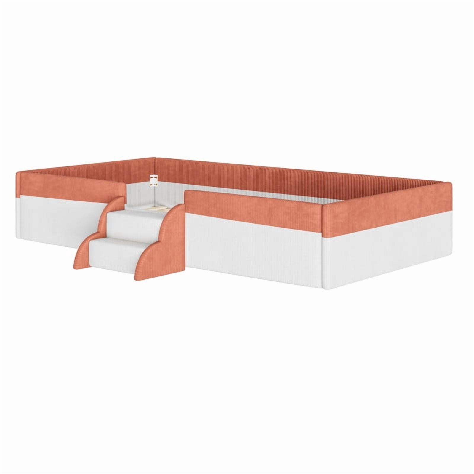 Twin Size Upholstered Floor Bed with Fence, 2-Tier Steps and Smart LED Lights, Corduroy Toddler Bed Platform Bed Frame with Guardrails and Wood Slats