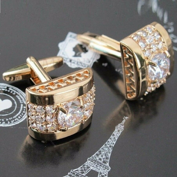 1Ct Round Cut Diamond Simulated Crystal Mens Cufflinks Shirt Cuff Links Wedding Party Gift Buttons 14K Yellow gold plated
