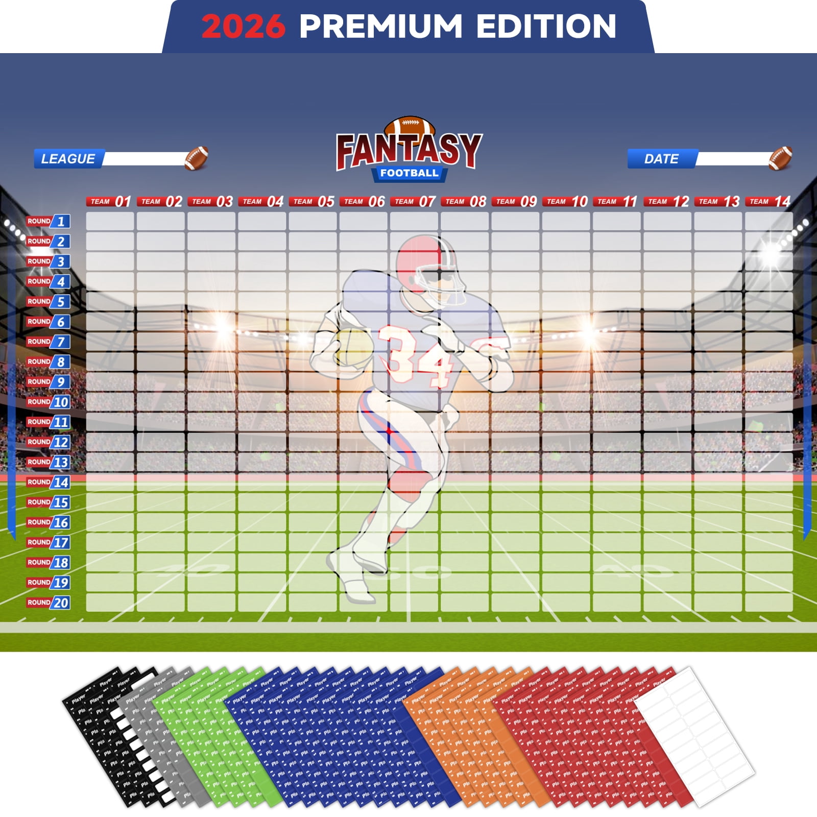2026 Fantasy Football Draft Board Kit -5x 3.3 Feet -Up to 14 Teams & 660+ Player Stickers