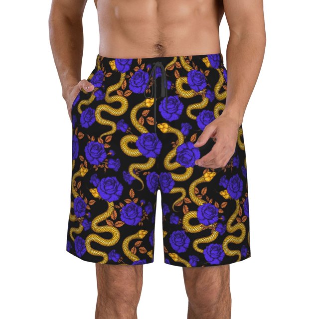 Balery Golden Snake And Purple Rose Traje de Baño Estilo Hawaiano para Hombre, Shorts de Secado Rápido con Bolsillos-3X-Large