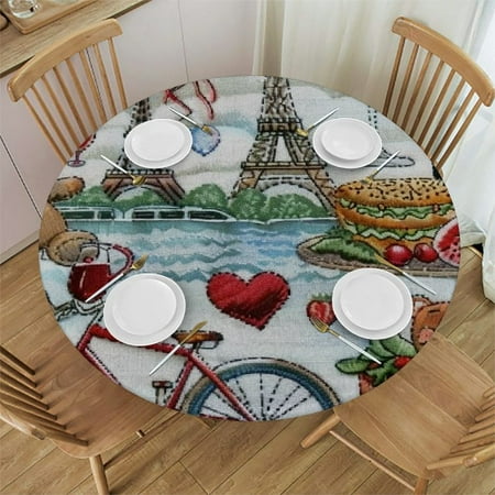 

BCIIG Paris Theme Round Table Cover Stain Resistant Washable Indoor Outdoor Tablecloth Kitchen Dining Wedding Parties Outdoor Fitted 100% Polyester Fiber 42-46