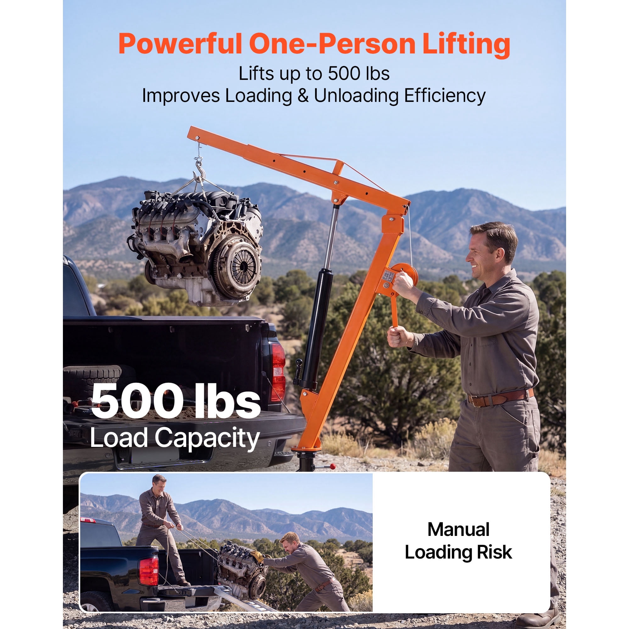 KFFKFF Truck Crane, 500 lbs Capacity, Hitch-Mounted with Manual Winch & Hydraulic Jack, 360° Rotating Telescopic Boom, Foldable Design for Lifting Machinery and Lumber
