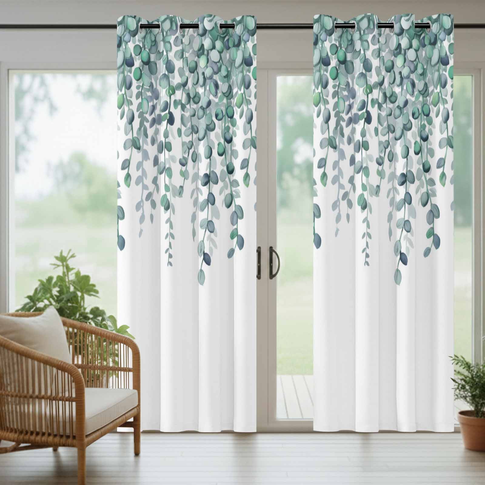 Outdoor Curtains for Patio Waterproof, Teal Green Eucalyptus Leaves Outdoor Privacy Panels Grommet, Spring Plants Leaves Country Blackout Outside Curtains for Porch/Cabana 54"x108", 1 Panel