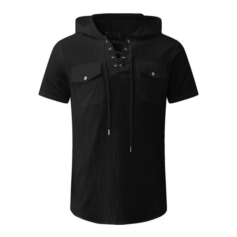 B91xZ Shirts for Men Men Solid Hooded Top Shirts Round Neck Shirt Loose  Short Sleeve Fashion Casual Blouse Top Elegant Shirt Mens Shirts Black,Size  L 