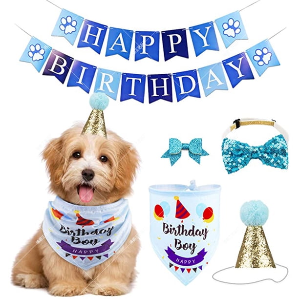 Conjunto de pañuelos, gorros, pajaritas y banderines triangulares para fiestas de cumpleaños de perros y gatos (azul)