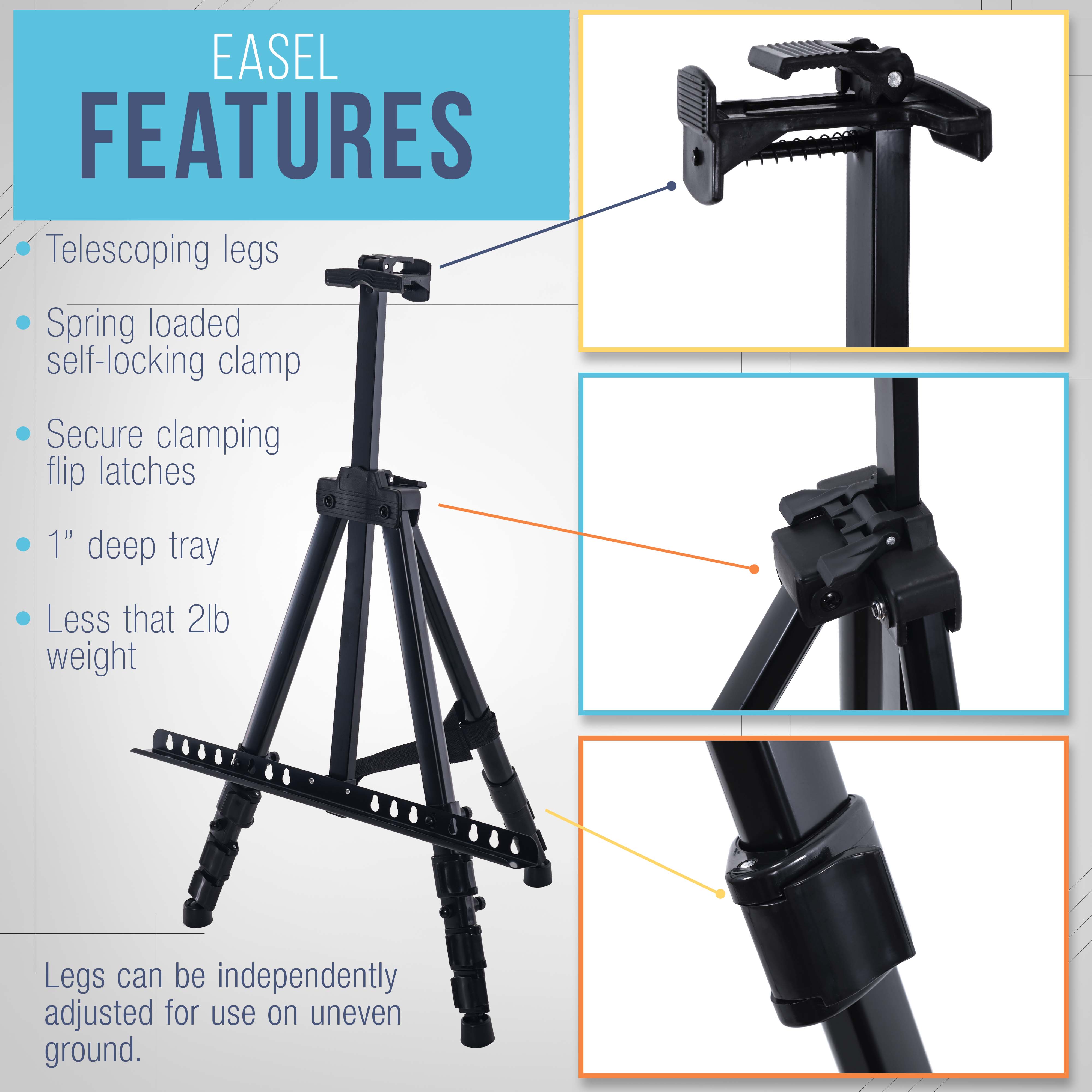 U.S. Art Supply - Pack of 2 - 66 Inch Sturdy Black Aluminum Tripod Artist Field and Display Easel Stand - Adjustable Height 20\" to 5.5 Feet, Holds 32" Canvas