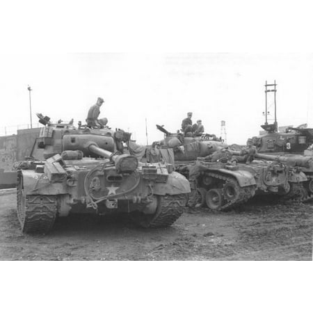 24x36 gallery poster, Pershing and Sherman tanks of the 73rd Heavy Tank Battalion at the Pusan Docks, Korean War
