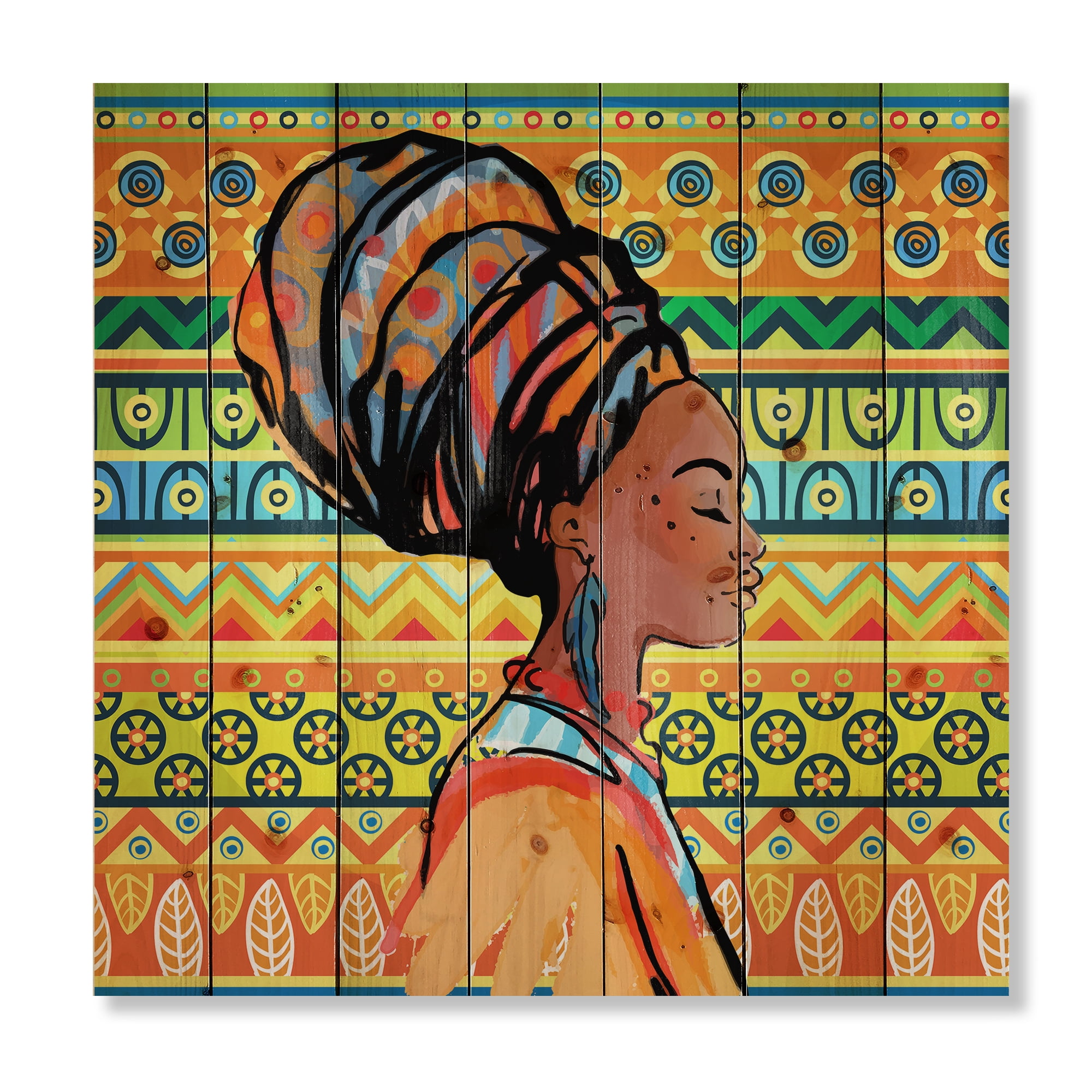 Designart 'African American Woman Portrait with Turban III' Modern Print on Natural Pine Wood