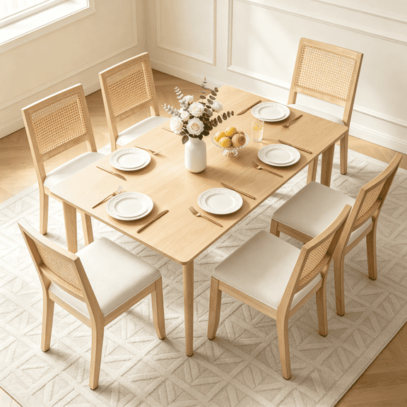 French Farmhouse Rattan Back Dining Chairs Breathable Linen Upholstery Solid Wood Frame Elegant Kitchen Side Accent Chairs