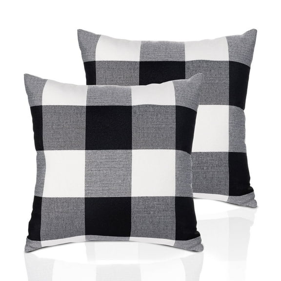 Set of 2 Farmhouse Buffalo Check Plaid Throw Pillow Covers Cushion Case Linen for Christmas Home Decor Black and White,18 x 18 Inches