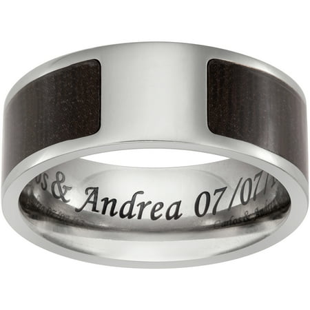 Personalized Men's Titanium and Dark Wood Engraved Message Flat Band
