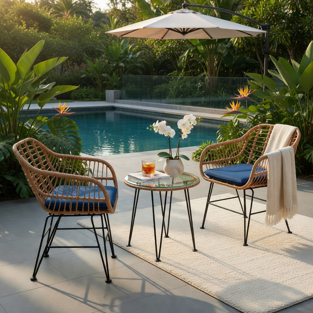 Hommoo 3-Piece Outdoor Rattan Patio Furniture Set, 2 Cushioned Chairs + Tempered Glass Coffee Table, Navy