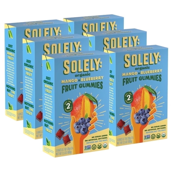 SOLELY Organic Mango & Blueberry Whole Fruit Gummies (pack of 6 Boxes, 5 Bags per Box), Healthy Chewy Snacks for All, Vegan Snacks, 30 Bags