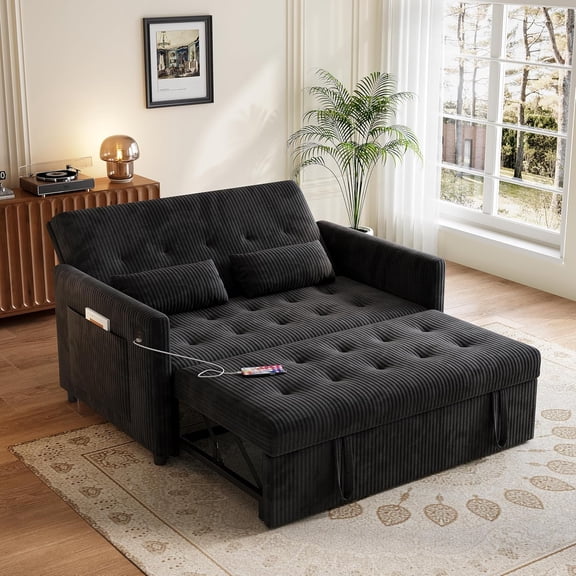 Sofa Bed, Loveseat 3-in-1 Sleeper Sofa with Pull Out Bed, Pockets and USB, Modern 2 Seater Convertible Small Couch for Living Room Bedroom Apartment (Black, Corduroy)