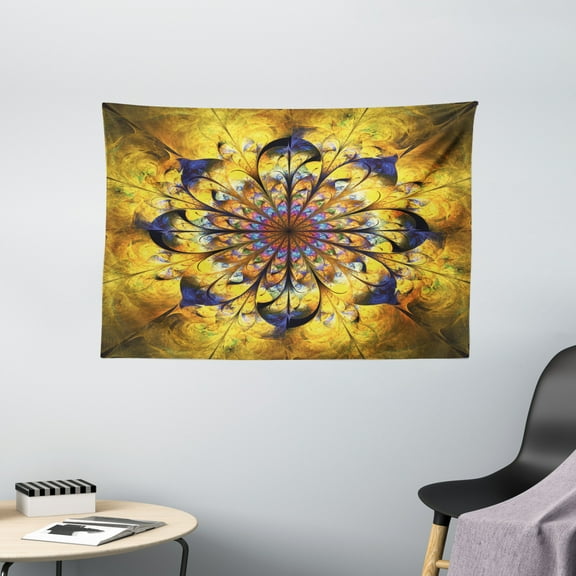 Yellow and Blue Tapestry, Mandala with Golden Floral Ornamental Psychedelic Fantasy Rays Asian Pattern, Wall Hanging for Bedroom Living Room Dorm Decor, 60W X 40L Inches, Navy Gold, by Ambesonne