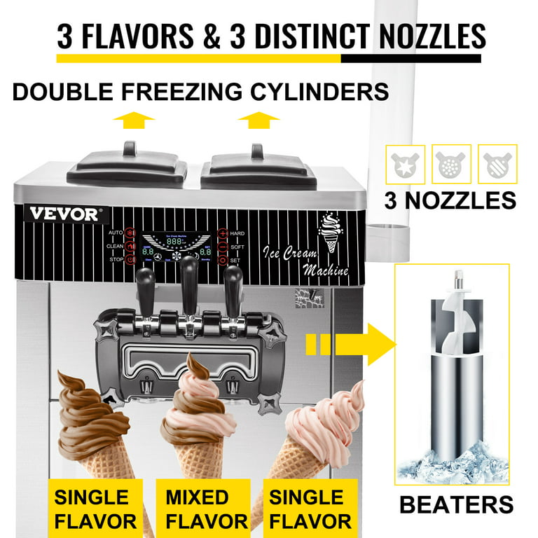 VEVOR 20-30L/H Commercial Soft Serve Ice Cream Maker 3 Flavors Ice Cream Machine