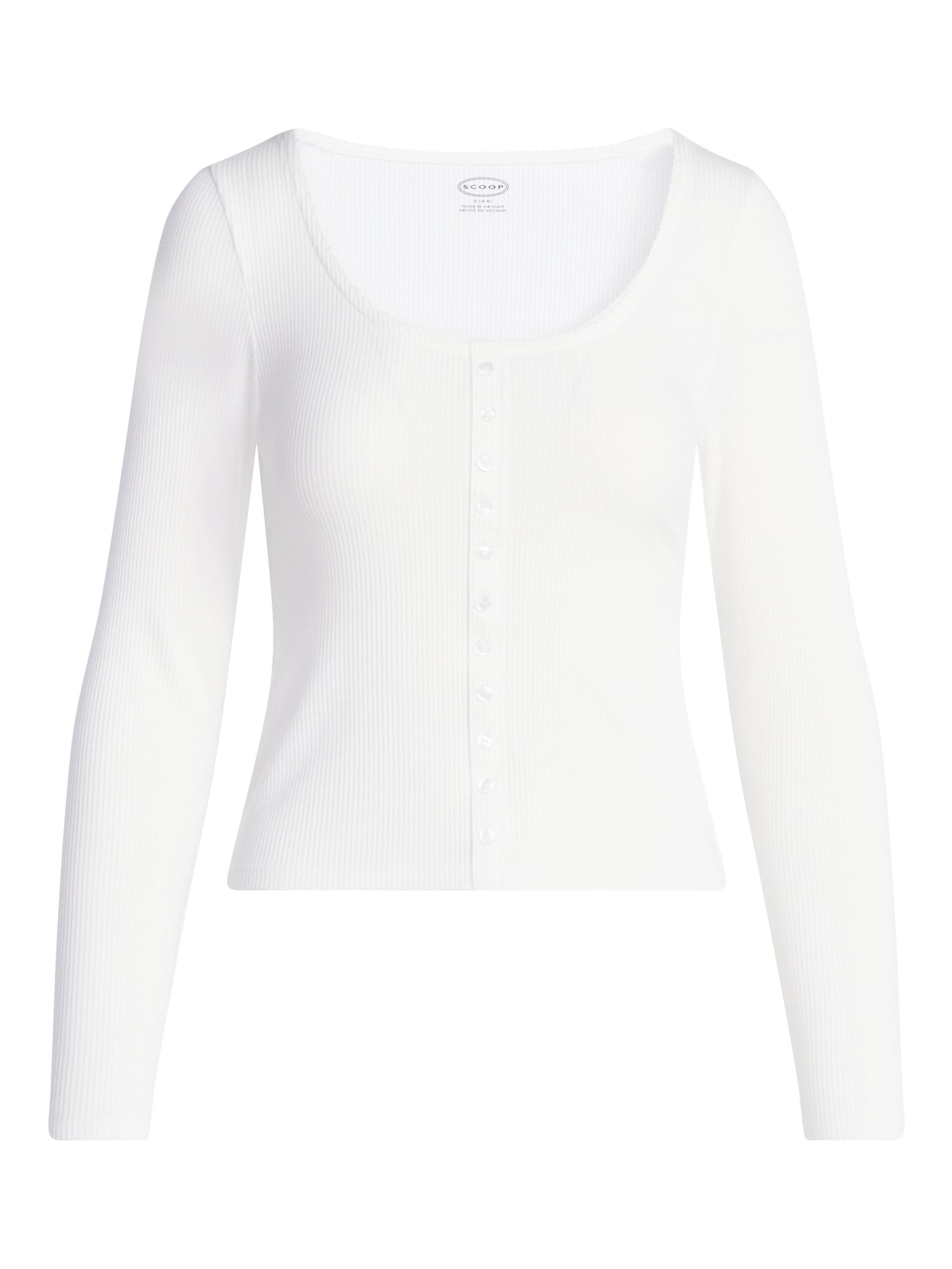 Scoop Women’s Lace Trim Scoop Neck Ribbed Tee with Long Sleeves, Sizes XS-XXL